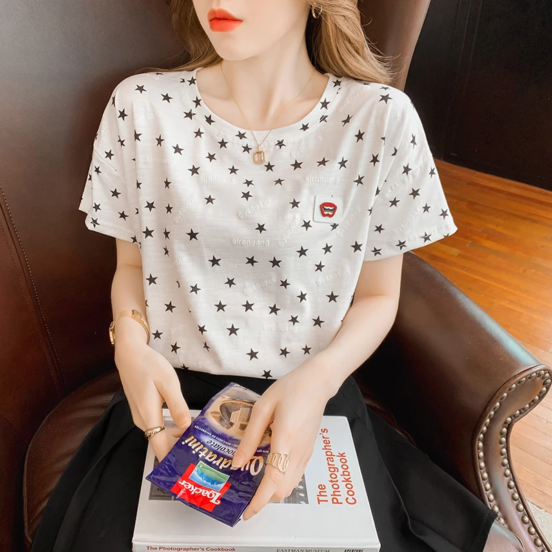 Korean-Station-Short-Sleeved-Womens-T-shirt-Womens-Loose-Round-Neck-Korean-Printed-Womens-Top-Womens-Clothing