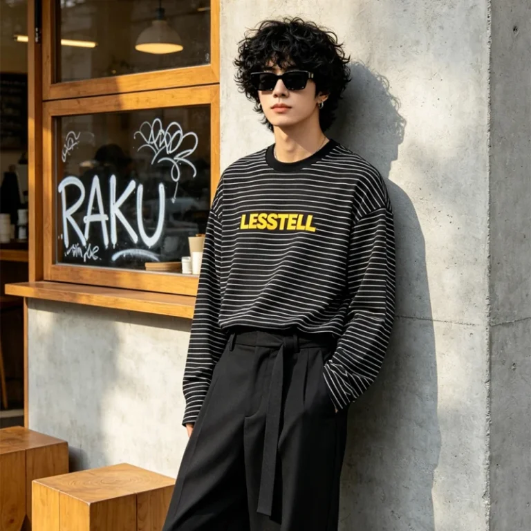 LTD-MTL1024-Striped-Long-Sleeve-T-Shirt-Drop-Shoulder-Tee-Shirt-Chest-Logo-Print-Oversized-Fit-Custom-Clothing-Supplier