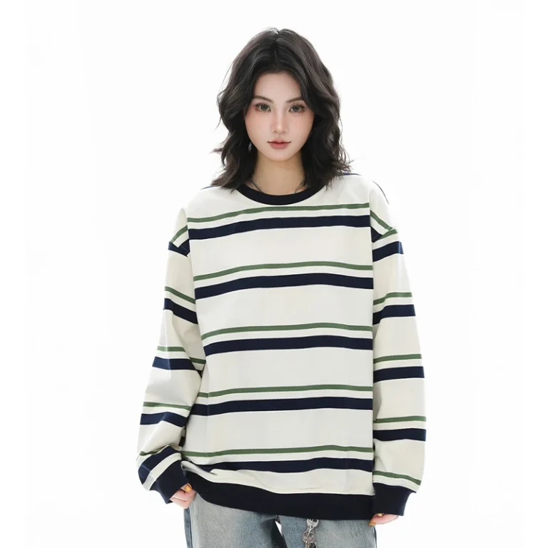 Ladies-Oversized-Long-Sleeve-T-Shirt-Wide-Stripe-O-Neck-Heavyweight