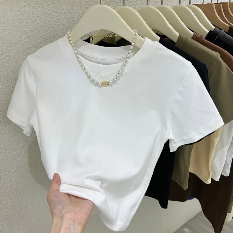 Lengthened-Summer-Tight-High-Waist-Top-210gsm-92-Cotton-8-Spandex-Slim-Fit-Short-Sleeve-T-shirt
