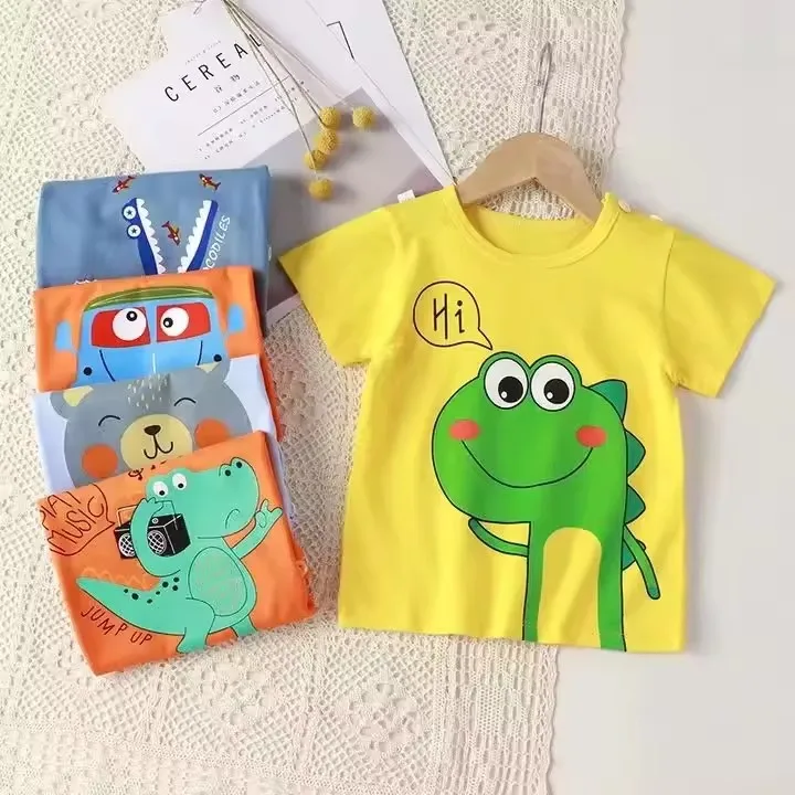 Lightweight-and-Comfortable-Summer-Kids-Clothing-O-neck-Washed-Woven-Compressed-100-Cotton-Animal-Print-Short-Sleeve-T-Shirt