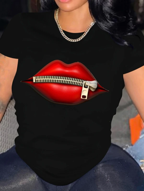 Lips-Graphic-Womens-Cotton-Knitted-Printed-Black-White-T-Shirt-Summer-Casual-Leopard-Short-Sleeve-Harajuku-Tee