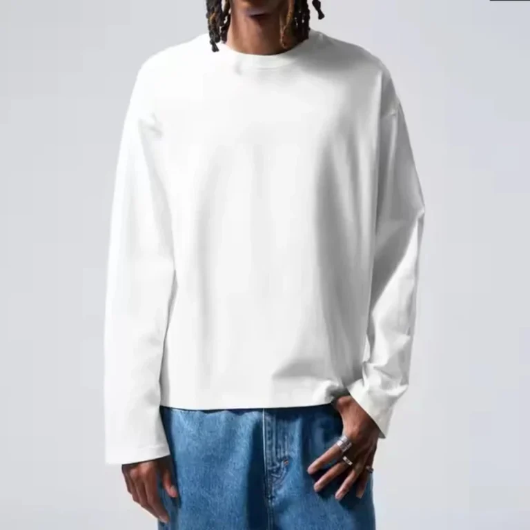 Long-Sleeve-Men-Boxy-Fit-Solid-Blank-T-shirts-O-neck-Drop-Shoulder-Cotton-White