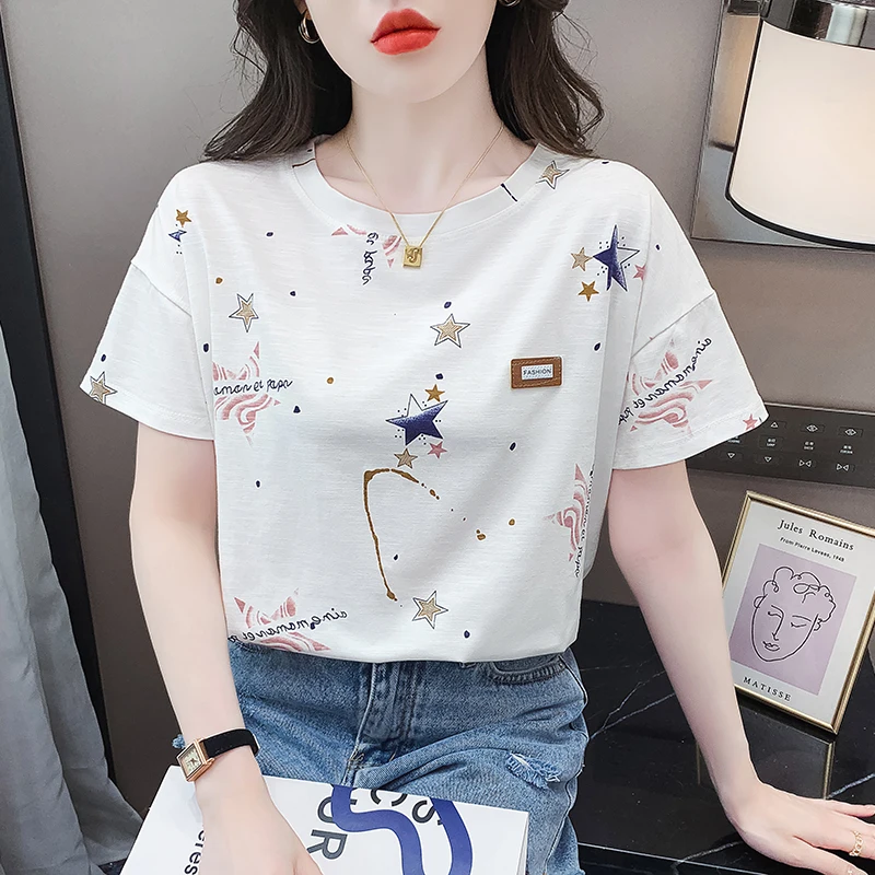 Loose-Round-Neck-Short-Sleeved-Womens-T-shirt-Korean-Printed-Womens-Top-Clothing