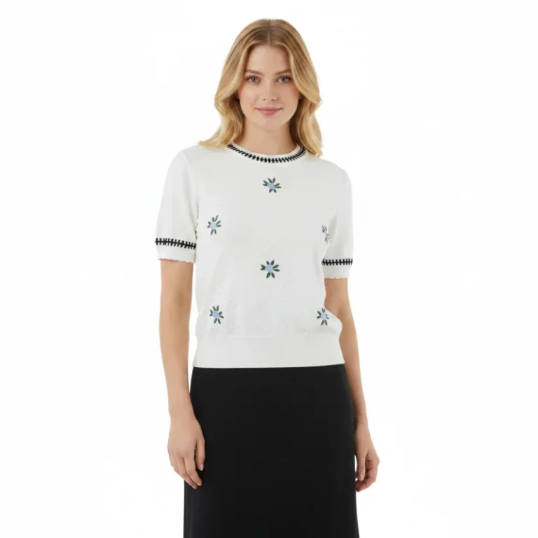 Low-MOQ-Custom-Women-Knitted-Top-Crew-Neck-Short-Sleeve-Pullover-Contrast-Stitch-Floral-Embroidery-Knit-Top-For-Women