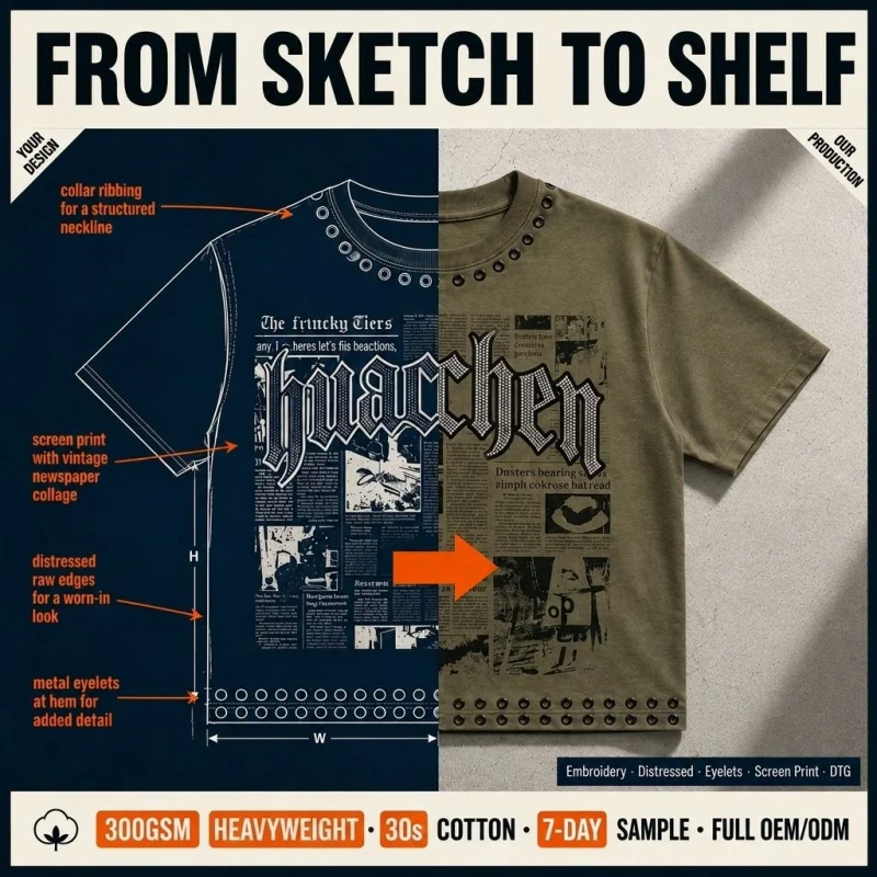 Luxury-300gsm-Heavyweight-T-shirt-Men-Metal-Eyelet-Rhinestone-Graphic-Tee-Newspaper-Print-Streetwear-Custom-Private-Label-OEM-1