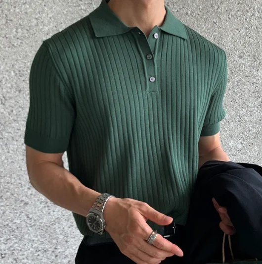 M-3XL-Polo-Neck-Shirt-Short-Sleeve-Mens-Loose-Relaxed-Summer-Thin-Solid-Knit-T-shirt-Underlay