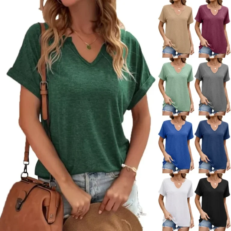Manufactory-Custom-Style-or-Logo-ODM-Summer-Womens-Solid-Color-V-neck-Loose-Short-Sleeved-T-shirt-Casual-Loose-Plain-T-Shirt