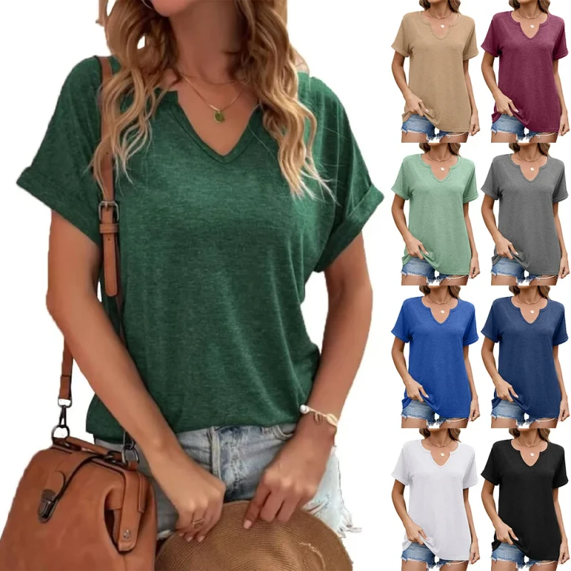 Manufactory-Custom-Style-or-Logo-ODM-Summer-Womens-Solid-Color-V-neck-Loose-Short-Sleeved-T-shirt-Casual-Loose-Plain-T-Shirt
