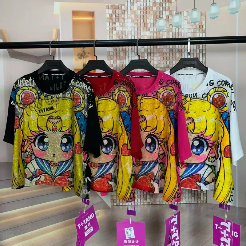Manufacturer-Custom-New-Fashion-Mouse-Oversized-Tshirt-Shine-Glitter-Rhinestone-Luxury-Women-T-shirts-3