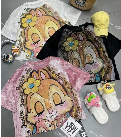 Manufacturer-Custom-New-Fashion-Mouse-Oversized-Tshirt-Shine-Glitter-Rhinestone-Luxury-Women-T-shirts