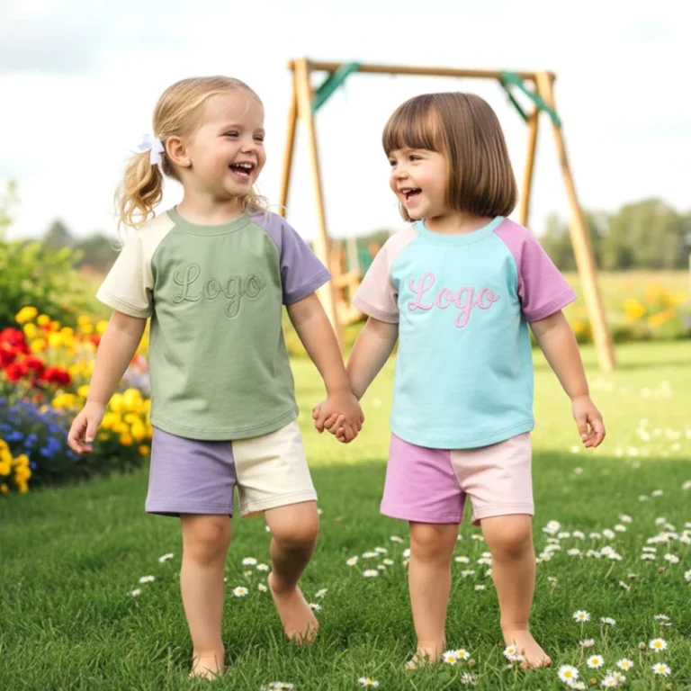 Manufacturer-Factory-Childrens-t-Shirts-and-Shorts-Color-Blocks-Kids-Clothes-Add-Logo-Girls-Clothing-Sets