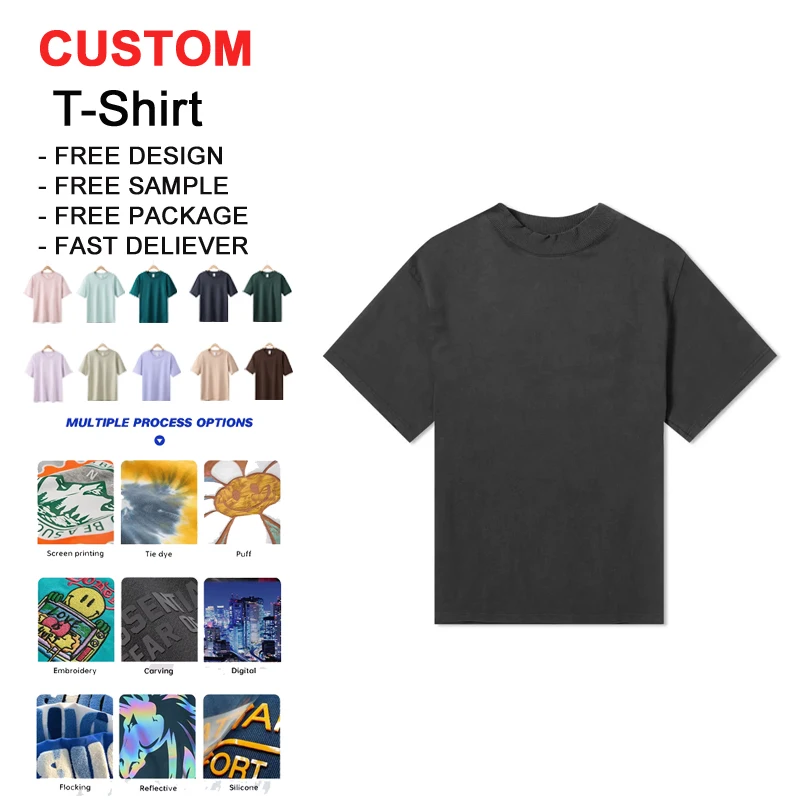 Manufacturer-OEM-Custom-Embroidery-Printing-Design-Logo-Mens-Washed-Short-Sleeve-Ribbed-Crew-Neck-Black-Oversized-T-Shirts
