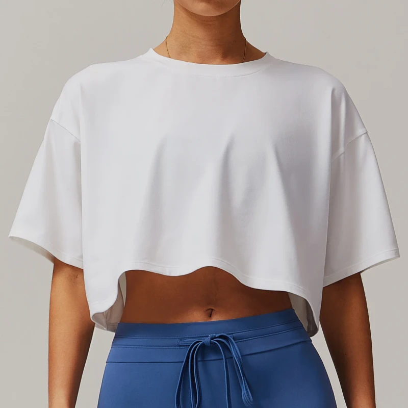 Manufacturers-Custom-Womens-O-Neck-Gym-Crop-Top-Breathable-Soft-Quick-Dry-Short-Sleeve-Front-Loose-Casual-T-Shirt-Fitness-Yoga