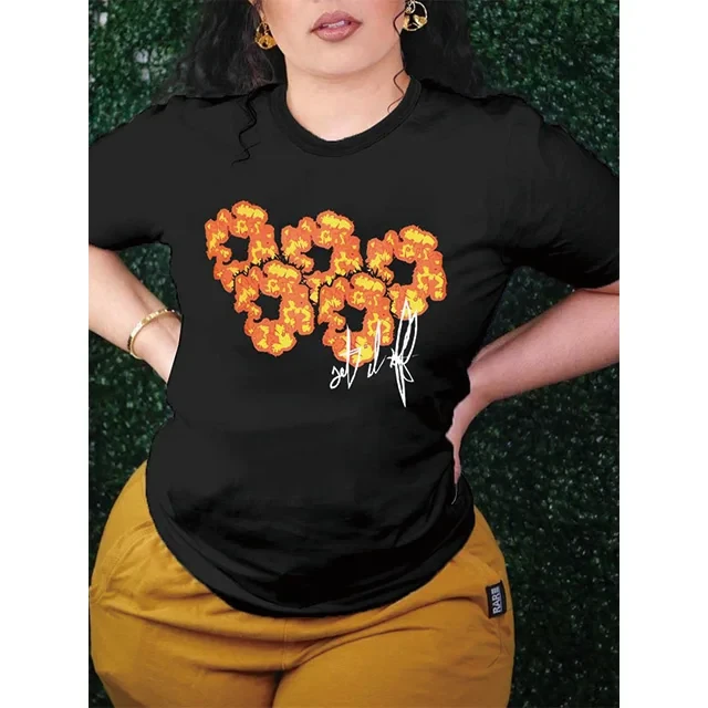 Manufacturers-Summer-Burning-Print-Loose-O-Collar-Womens-Sports-Casual-T-shirt