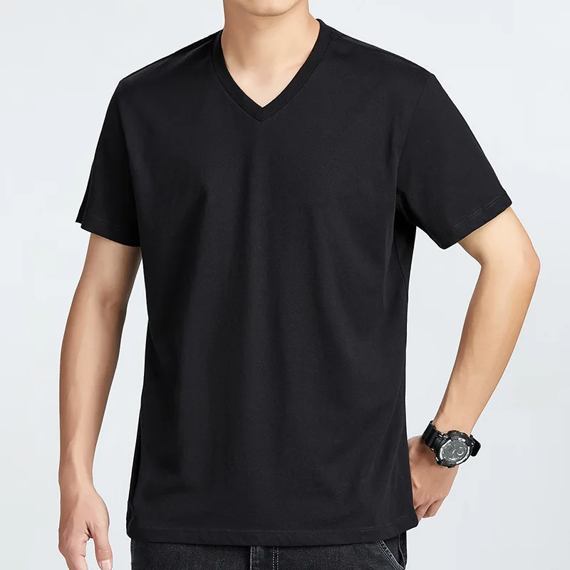 Men-Cotton-Short-Sleeve-V-neck-T-Shirt-Asian-Size-Solid-Color-Simple-Casual-Tops-Blank-Design