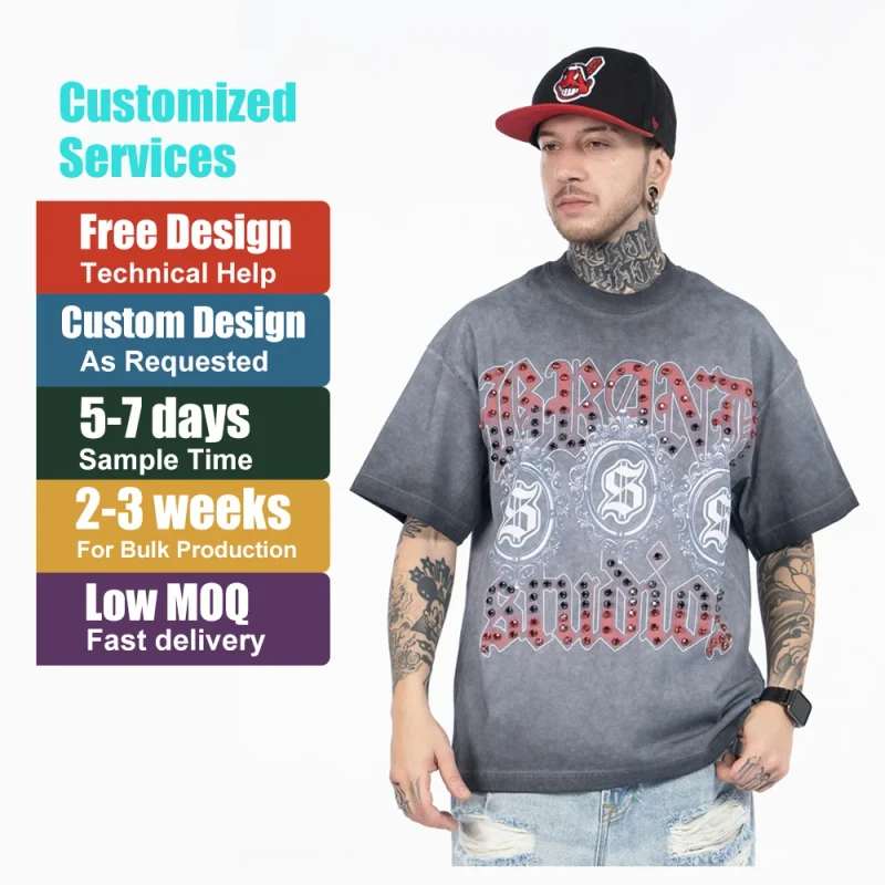 Men-Custom-Gothic-T-Shirts-Short-Sleeve-Gradient-Hot-Drilling-Letter-Print-Vintage-Washed-Cotton-Streetwear-One-Piece-Summer-Tee