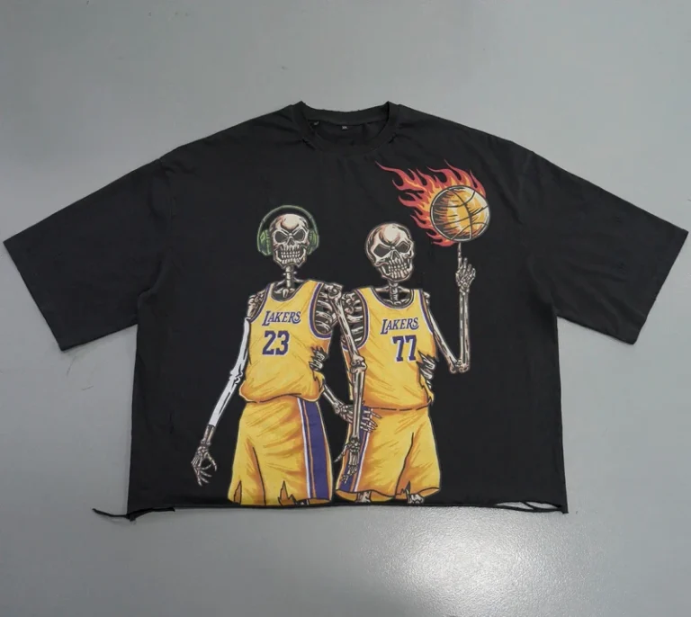 Men-Distressed-Crop-T-Shirt-Skull-Basketball-Player-Flame-Graphic-Print-Frayed-Hem-Short-Sleeve-Eco-Friendly-Breathable-Vintage