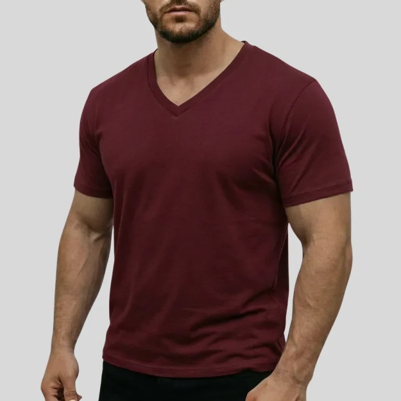 Men-Polyester-V-Neck-T-Shirt-180GSM-Lightweight-Short-Sleeve-Solid-Color-Casual-Top