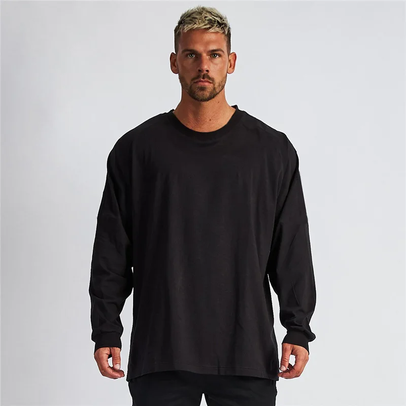 Mens-Autumn-Breathable-Cotton-Bamboo-Plain-T-Shirt-Long-Sleeve-Oversize-Plus-Size-Loose-Fit-Bodybuilding-Fitness-Sports-Base