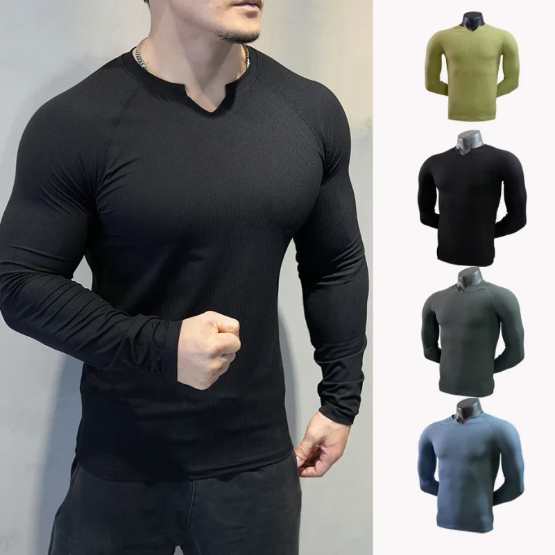 Mens-Autumn-and-Winter-V-neck-Fitness-Long-sleeved-Sports-T-shirt-High-Elastic-Breathable-Running-Top-Custom