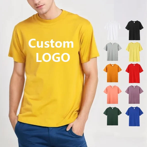 Mens-Casual-Crew-Neck-T-Shirt-100-Cotton-220g-Custom-Logo-Via-Heat-Transfer-Stylish-Solid-Pattern-Formal-Knitted-Fabric