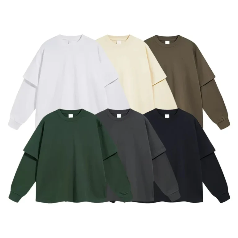 Mens-Casual-Double-Layer-Long-Sleeve-T-Shirt-100-Cotton-Solid-Color-Oversized-Shoulder-Drop-Stand-Collar