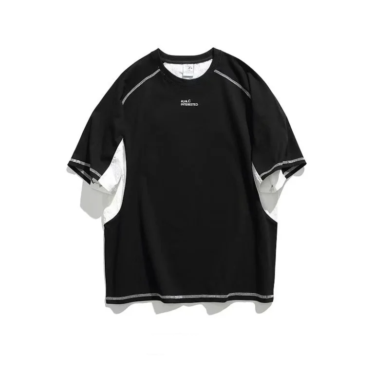 Mens-Casual-Summer-Cotton-Short-Sleeved-T-Shirt-with-Neck-Shoulder-Insert-Street-Color-Blocking-Print-100-Knitted-Cotton
