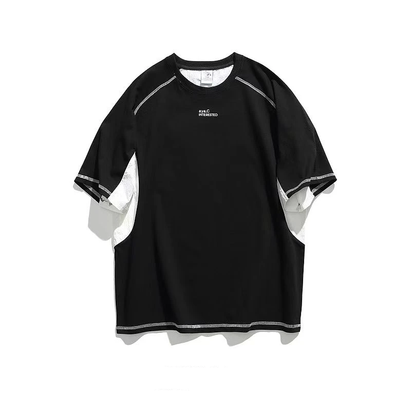 Mens-Casual-Summer-Cotton-Short-Sleeved-T-Shirt-with-Neck-Shoulder-Insert-Street-Color-Blocking-Print-100-Knitted-Cotton