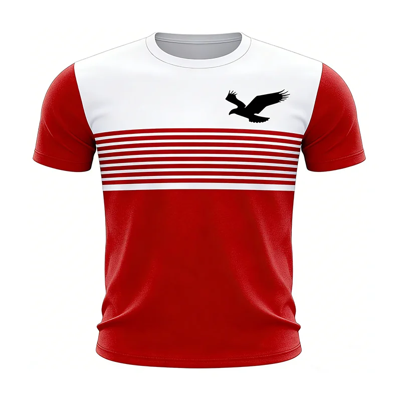 Mens-Casual-Summer-Short-Sleeve-Knitted-100-Polyester-T-Shirt-180g-3D-Eagle-Graphic-Print-Stripes-Custom-logo-Manufacturer
