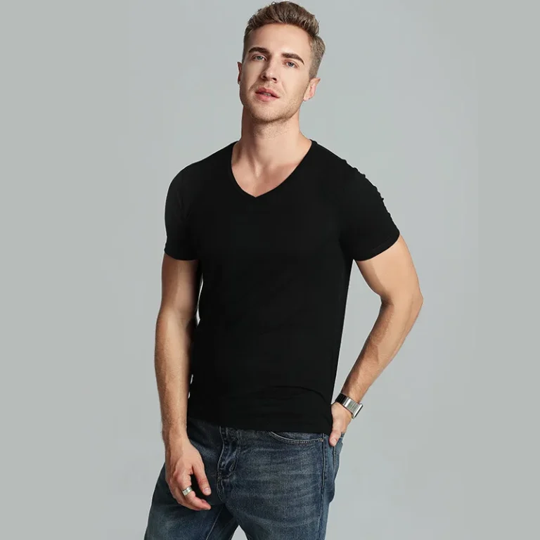 Mens-Classic-V-Neck-T-Shirt-Slim-Fit-Cotton-Ribbed-Knit-220-Grams-Soft-Short-Sleeve-Tees-with-Letter-Pattern-Cool-Style