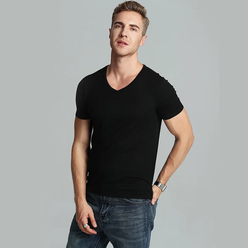Mens-Classic-V-Neck-T-Shirt-Slim-Fit-Cotton-Ribbed-Knit-220-Grams-Soft-Short-Sleeve-Tees-with-Letter-Pattern-Cool-Style