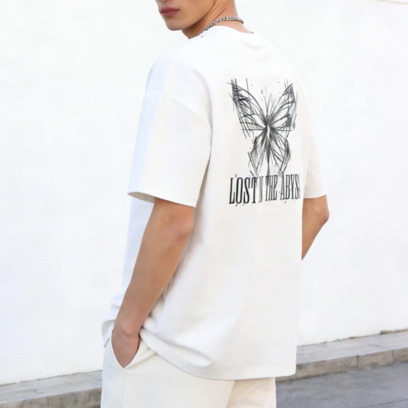 Mens-Cotton-T-Shirt-Custom-220-Grams-Micro-Wide-Version-O-Neck-Casual-Short-Sleeve-Letter-Pattern-Logo-Loose