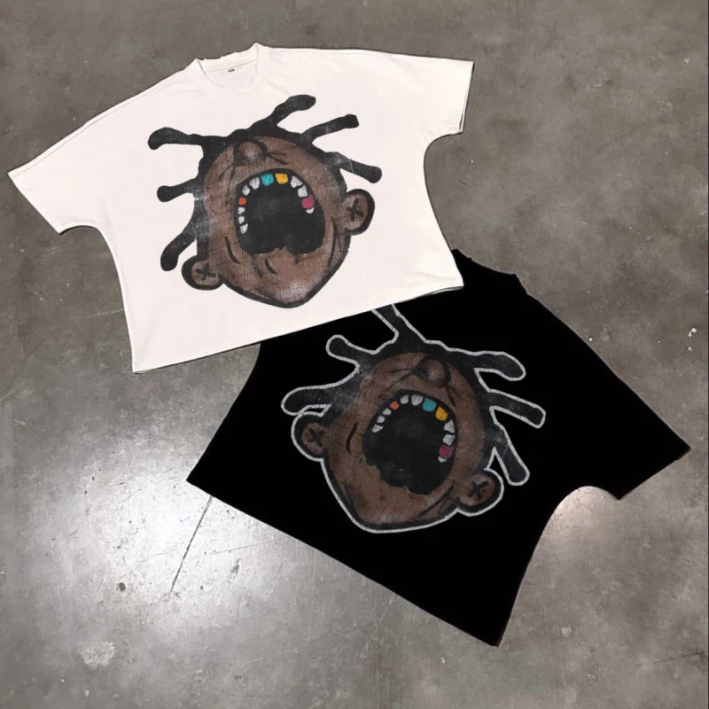 Mens-Cropped-Short-Sleeve-Casual-T-Shirt-100-Cotton-Boxy-Oversized-Design-Thick-Distressed-DTG-Printing-Custom-Logo-Unisex