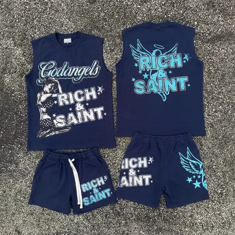 Mens-Custom-Logo-Summer-Sportswear-Casual-Knitted-Print-Shorts-Suit-Sleeveless-Loose-Street-Style-Tank-Top-T-Shirt-Set