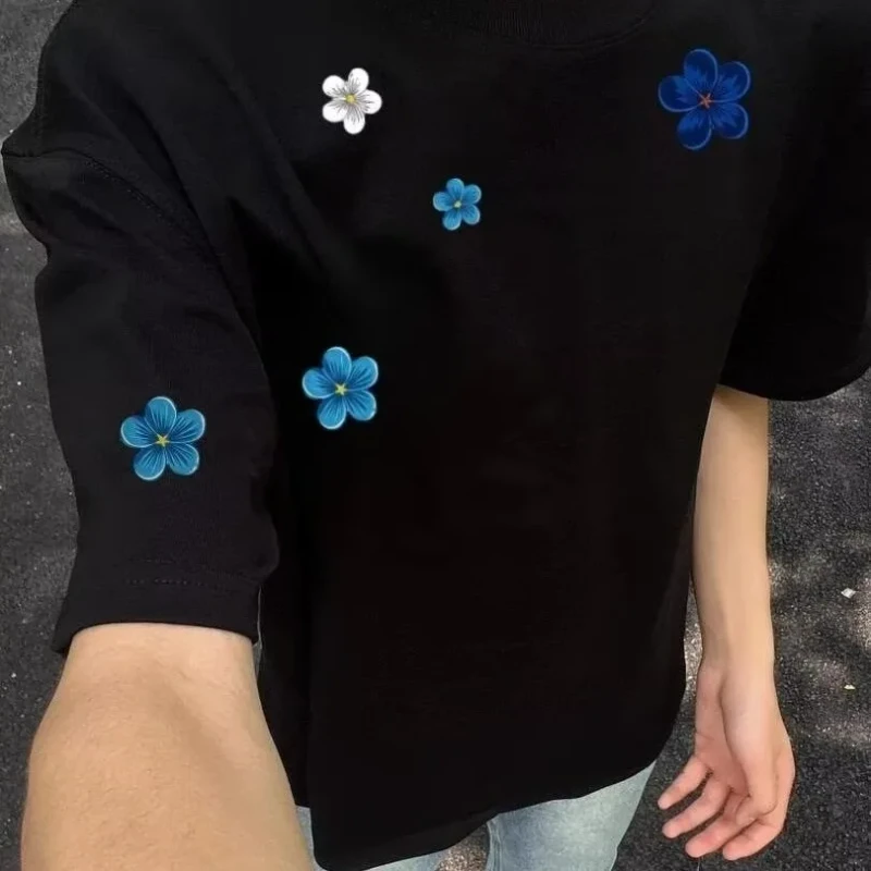Mens-Heavyweight-Cotton-Crew-Neck-T-Shirt-American-Streetwear-Floral-Print-Casual-Tee-Unique-Design-Short-Sleeve-Layering-Shirt