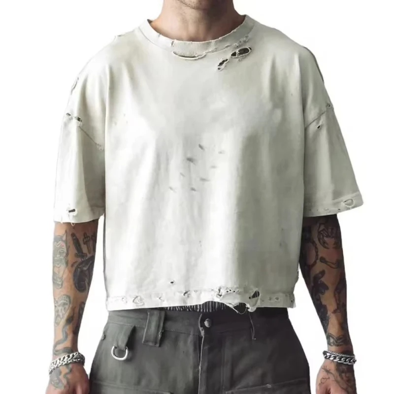 Mens-Heavyweight-Streetwear-Cropped-Oversized-Custom-Blank-Plain-T-Shirt-Vintage-Washed-Cotton-Boxy-Top-with-Distressed-T-shirt