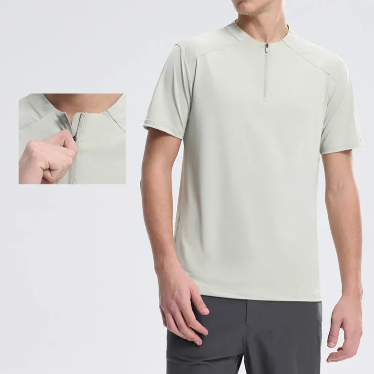 Mens-Lightweight-Seamless-Breathable-Windproof-Summer-Fitness-T-Shirt-Quick-Drying-Four-Way-Stretch-Half-Zipper-Short-Sleeves