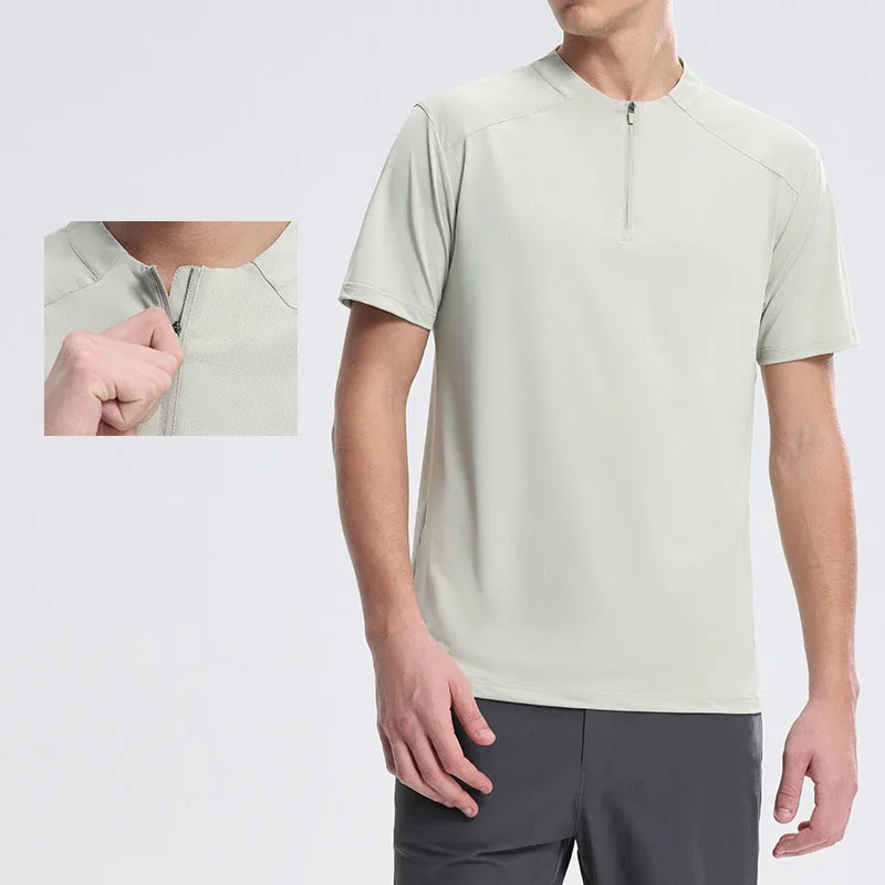 Mens-Lightweight-Seamless-Breathable-Windproof-Summer-Fitness-T-Shirt-Quick-Drying-Four-Way-Stretch-Half-Zipper-Short-Sleeves