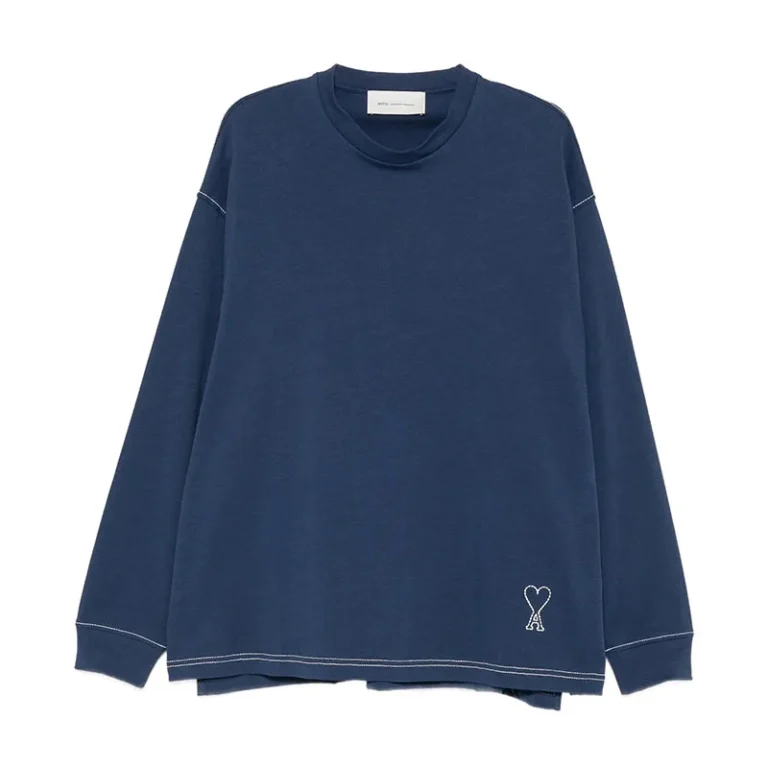 Mens-Long-Sleeve-T-Shirt-Navy-Blue-Cotton-Casual-Tee-Oversized-Crew-Neck-Blank-Design-Embroidered-OEM-ODM-300g