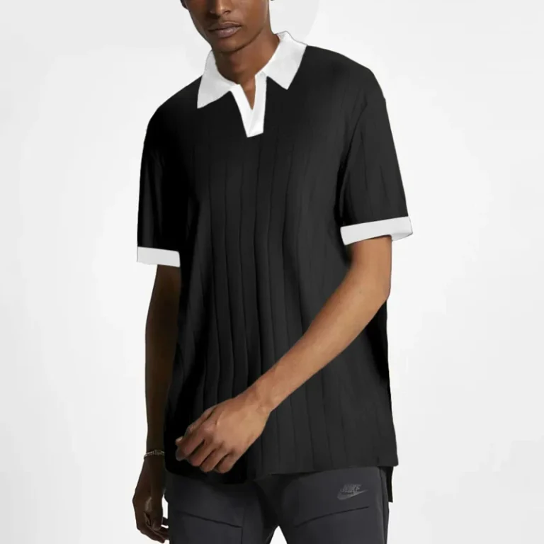 Mens-Loose-Fit-Streetwear-Polo-Shirt-Contrast-White-Trim-V-Neck-Short-Sleeve-Tee-Vertical-Striped-Ribbed-Casual-Tops