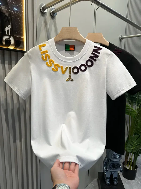 Mens-Oversized-Knitted-T-Shirt-Breathable-Skin-Friendly-Soft-Pure-Cotton-Neck-Embroidery-High-quality-Casual