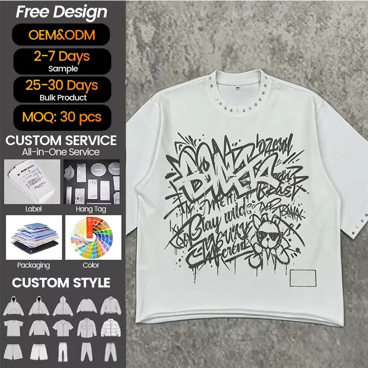 Mens-Oversized-White-Graffiti-Print-T-Shirt-With-Studded-Neckline-Heavyweight-Cotton-Streetwear-Tee-Custom-OEM-ODM-Available