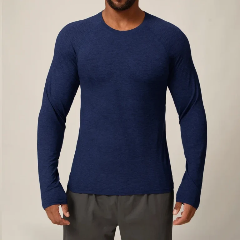 Mens-Polyester-Crew-Neck-Slim-Fit-Thumbhole-Cuffs-Long-Sleeve-Textured-Breathable-Versatile-Daily-Casual-T-Shirt