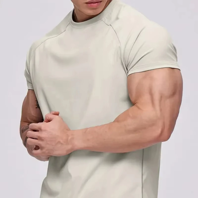 Mens-Polyester-Regular-Fit-Quick-Dry-Lightweight-Fitness-Sports-Suit-European-Solid-Color-Short-Sleeve-T-Shirt-for-Summer