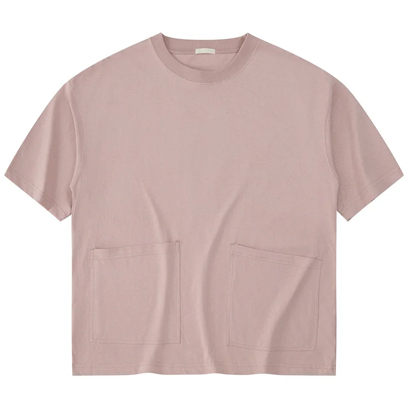 Mens-Pure-Cotton-Short-Sleeved-T-Shirt-Casual-with-Double-Pocket-Loose-Shoulder-Blank-Design