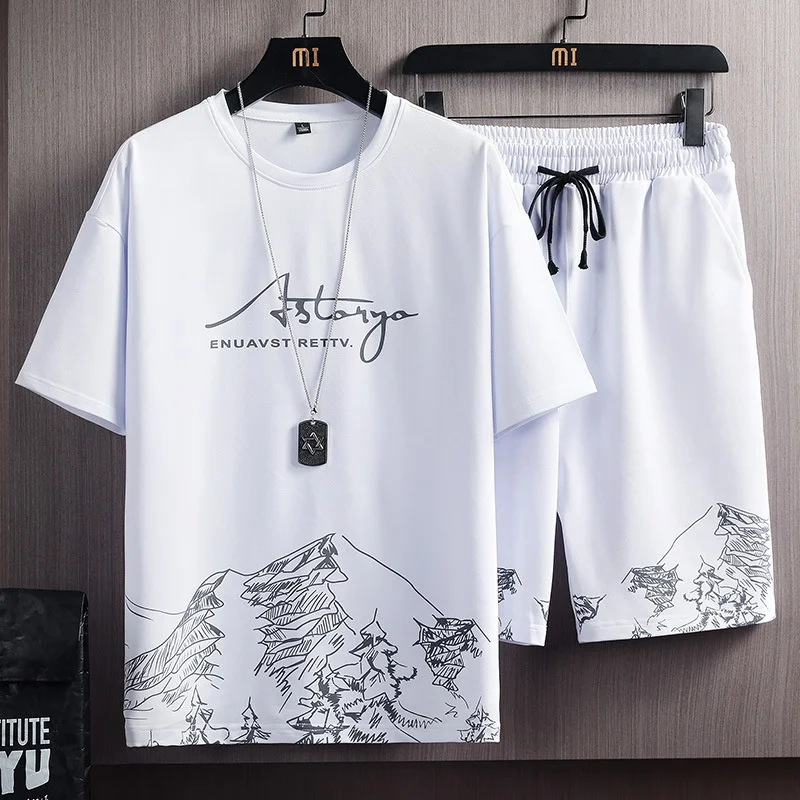 Mens-Short-Sleeve-T-Shirt-Set-New-Summer-Eco-Friendly-100-Polyester-Snow-Mountain-Print-Fashionable-Trendy-Korean-Version-Slim