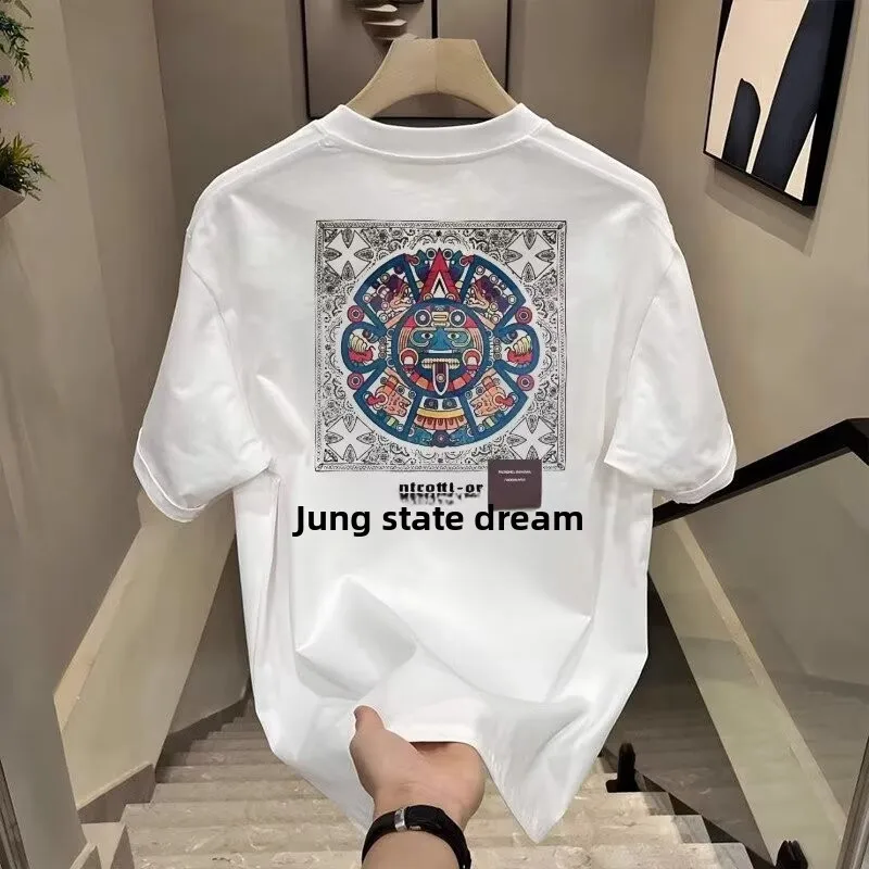 Mens-Short-Sleeve-T-shirt-Summer-Pure-Cotton-National-Trend-Fashion-Casual-All-Match-Heavyweight-O-Neck-Cartoon