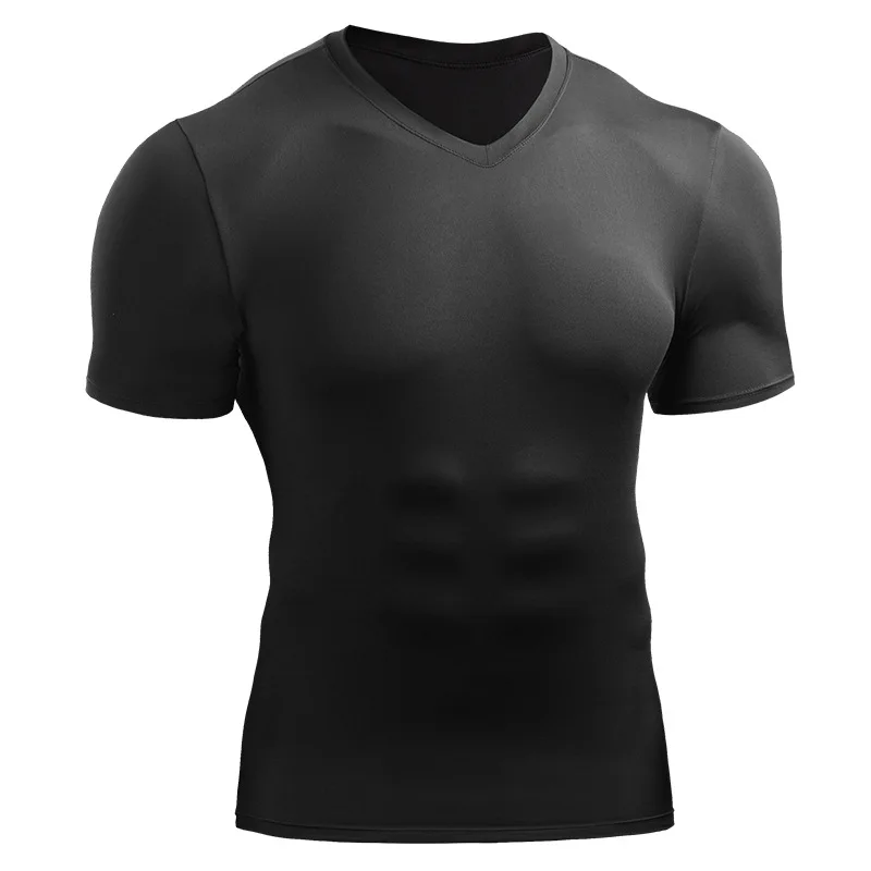 Mens-Solid-Sporty-Blank-Tight-fitting-V-neck-Short-sleeve-Sports-T-shirt-Highly-Elastic-Breathable-Quick-drying-Running-Base