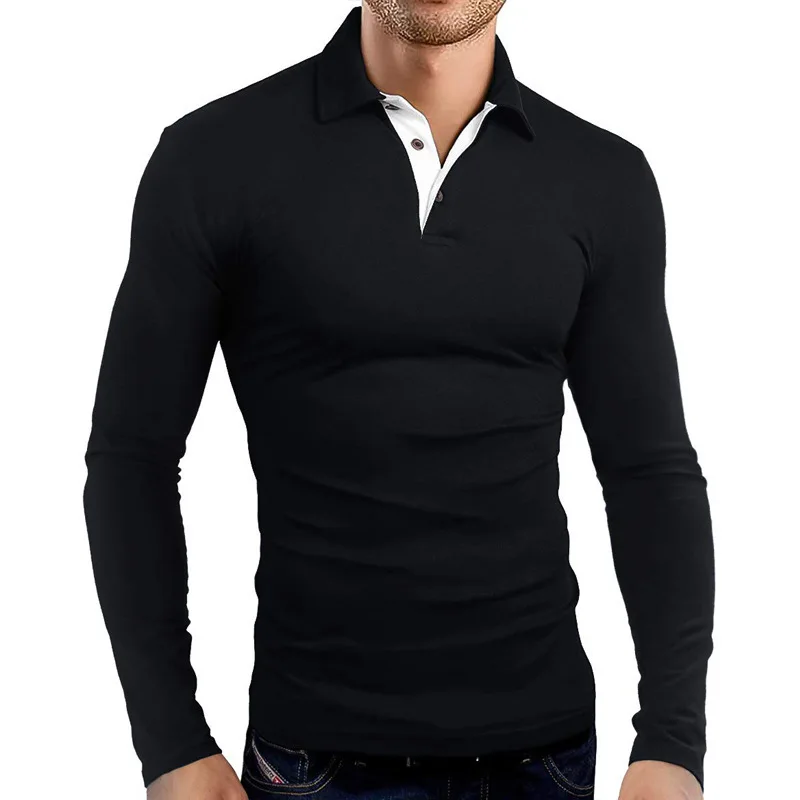 Mens-Solid-T-shirts-Long-Sleeve-Lapel-Long-Sleeve-T-shirt